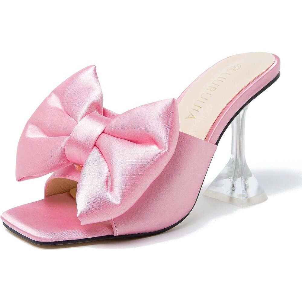 🆕 Women's Bow High Heels Mules Dress Sandals Slip On Party Wedding Bridal Pink